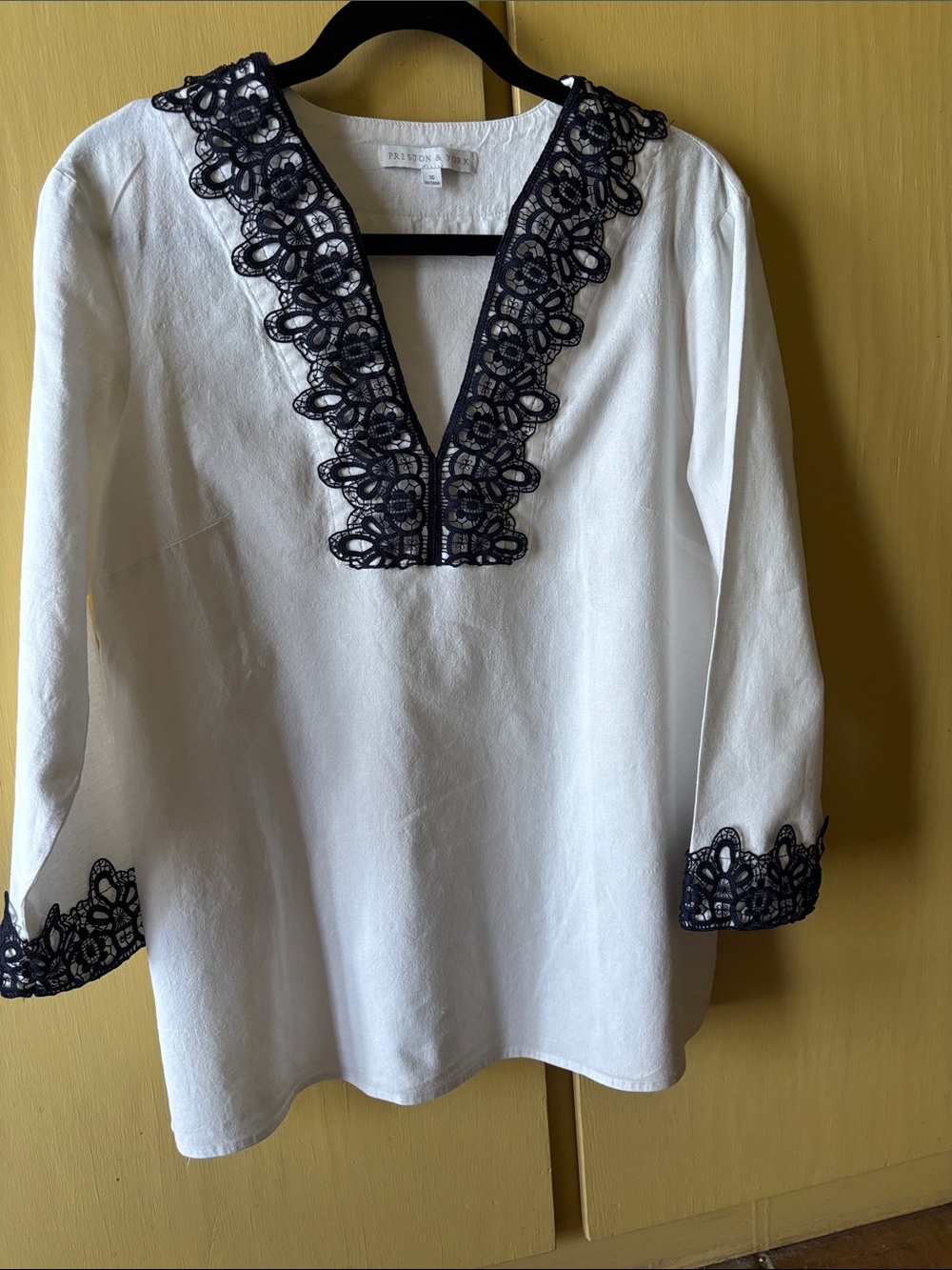 Preston & York Tabitha Linen 3/4 Sleeve Split V-Neck Embroidered Blouse 10 NWT
